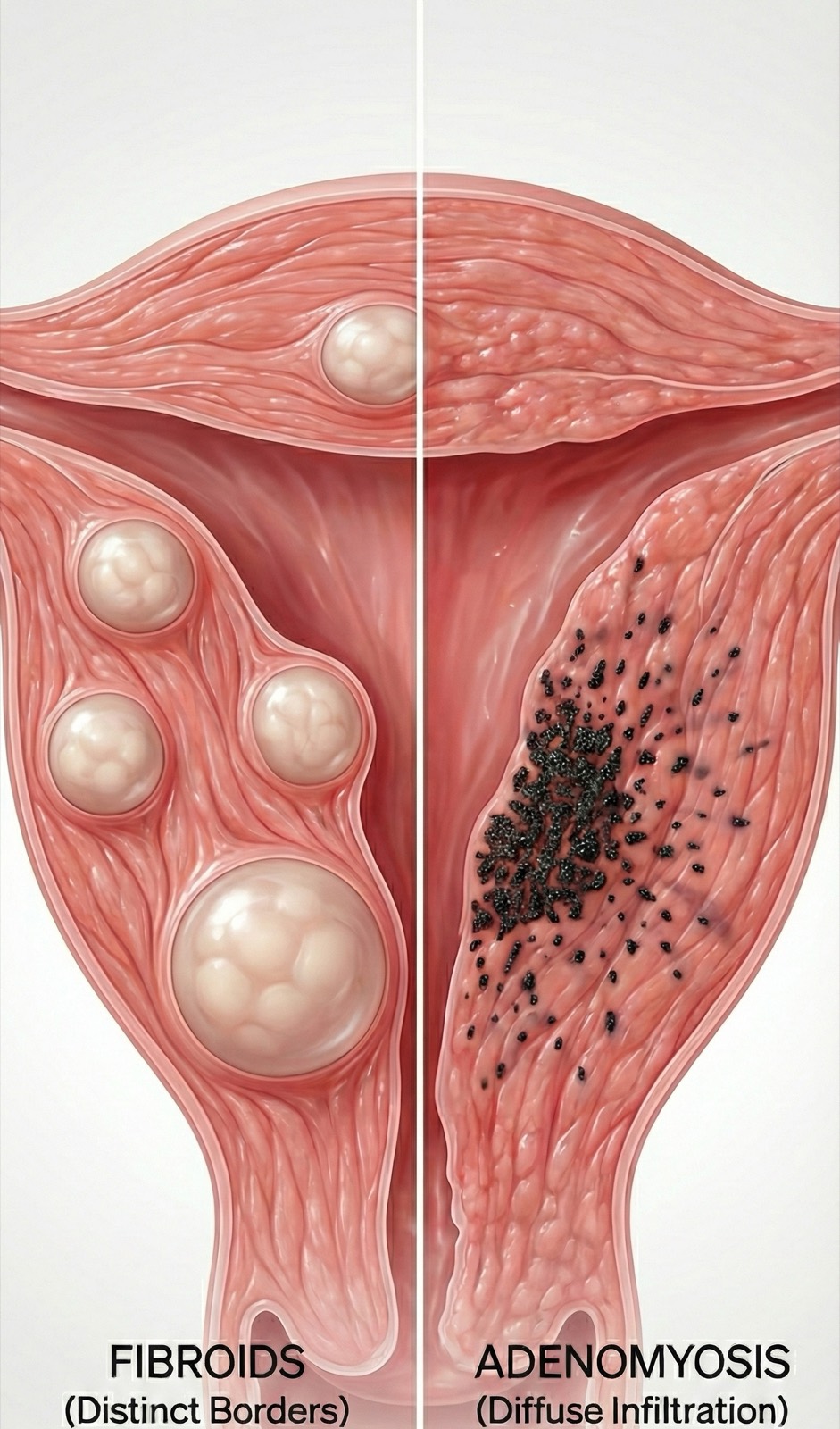 Medical illustration comparing uterine fibroids with distinct borders vs adenomyosis with diffuse infiltration