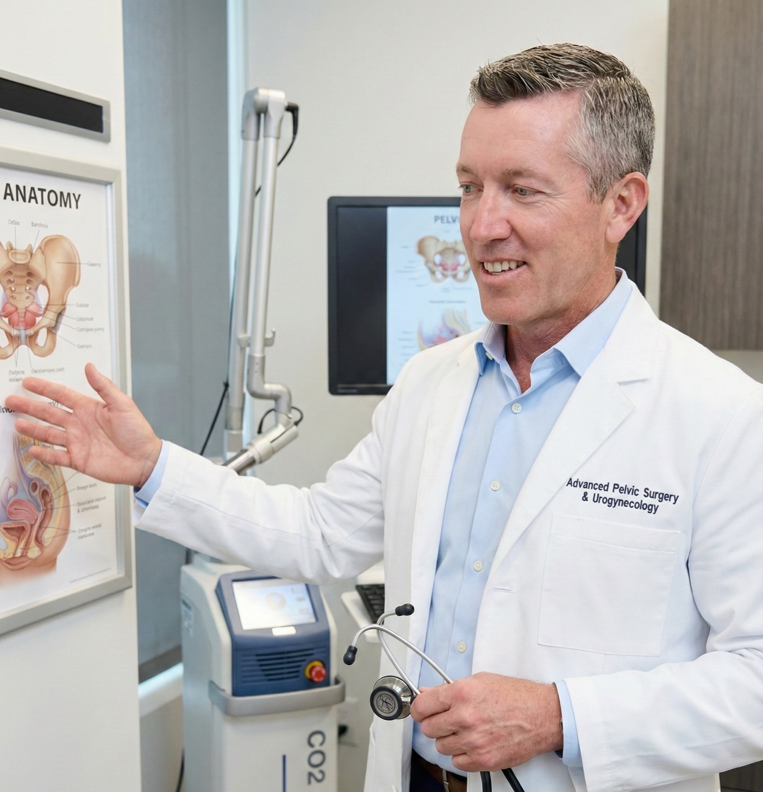 Dr. Kevin Stepp MD, complex fibroid surgeon at Advanced Pelvic Surgery and Urogynecology of Charlotte NC, explaining pelvic anatomy