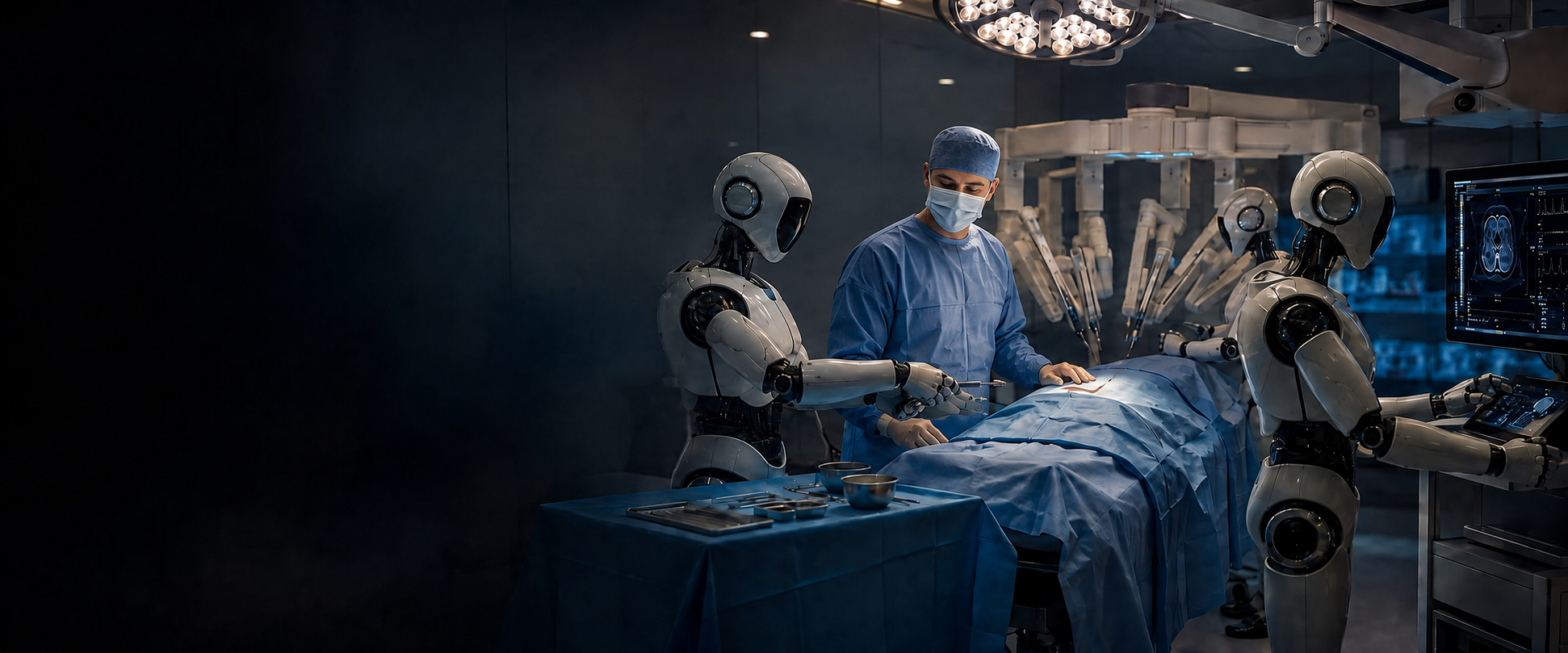 A young surgeon working alongside humanoid and surgical robots in an operating room