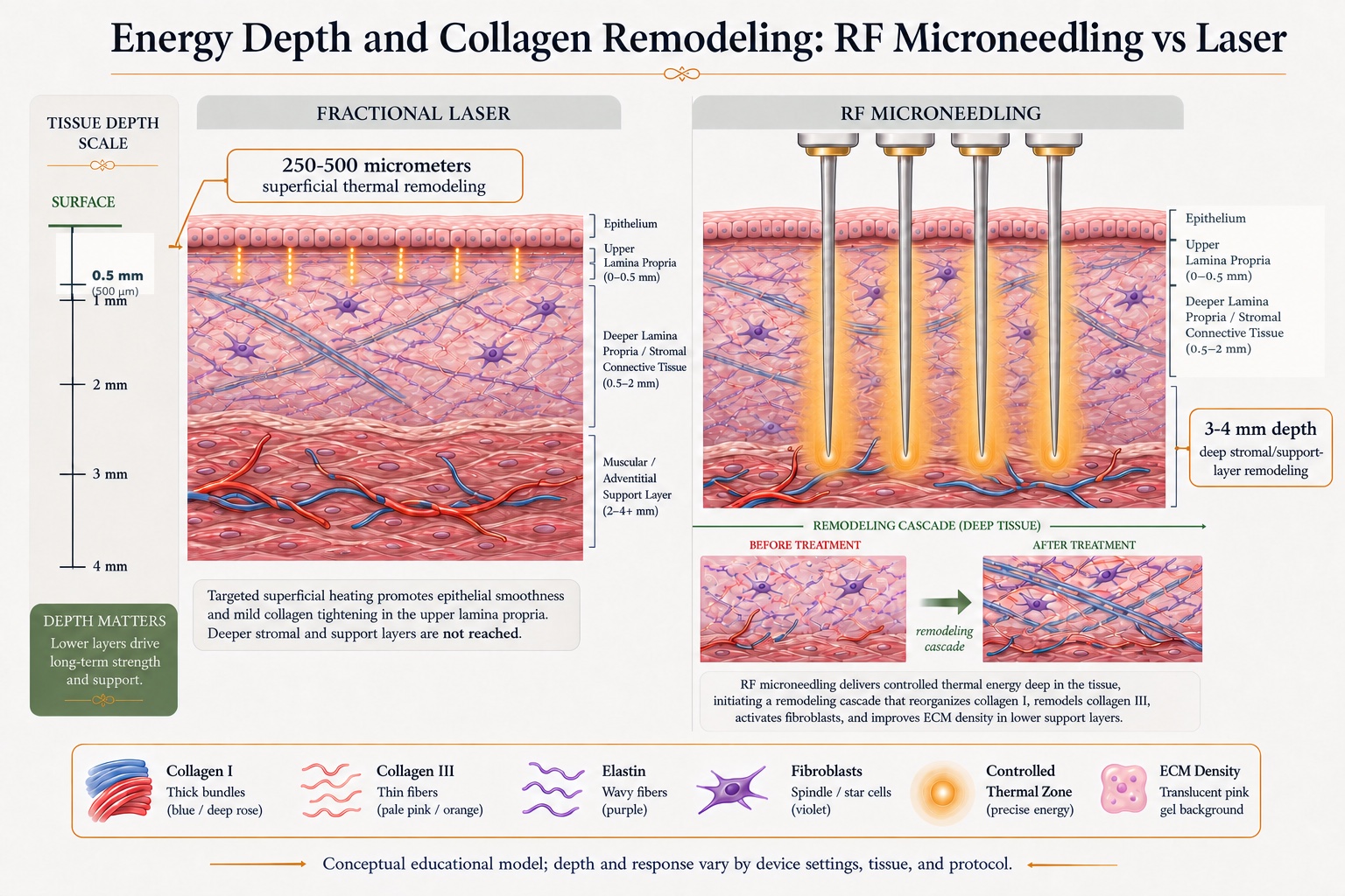 Illustrated comparison of fractional laser treatment and RF microneedling across superficial and deeper skin layers